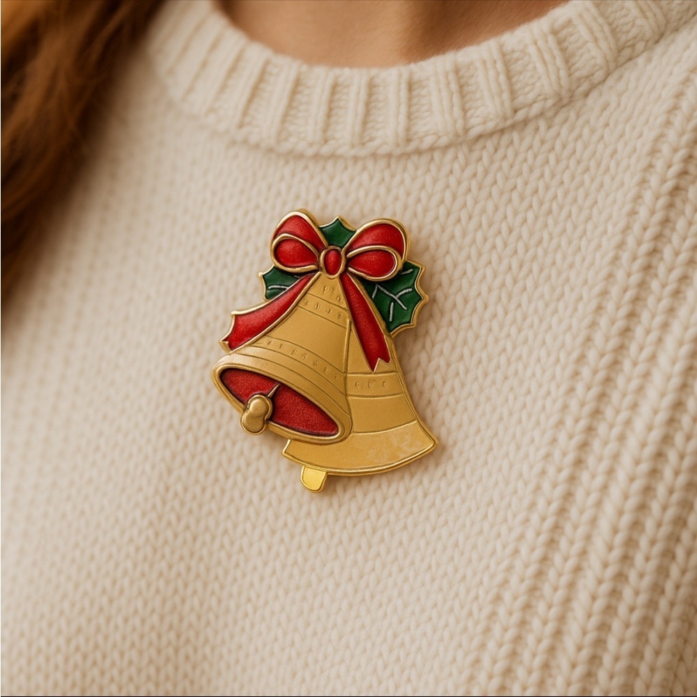 Gold Tone Christmas Bells Brooch Pin Holiday Festive Red Green Bow Gift